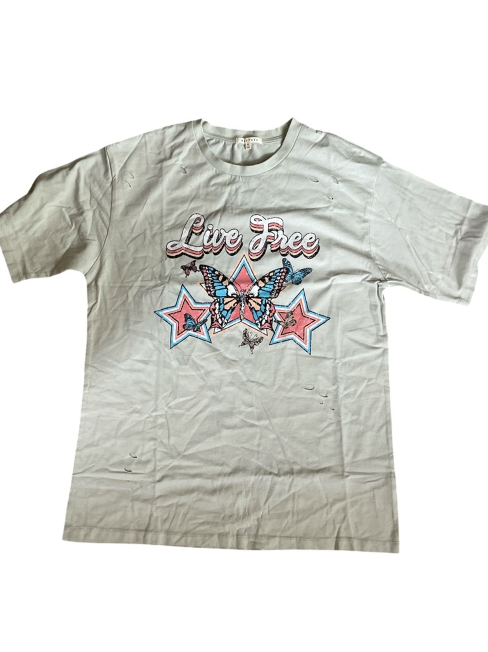 Baevely  “Live Free" graphic t-shirt with a butterfly and star design.